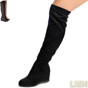 Damenschuhe Velours Stiefel Overknee Keilabsatz Hidden Wedges Boots Trendy - Bild 1 von 8