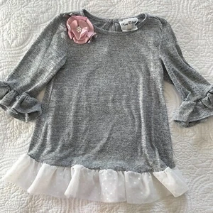 Rare Editions Girls Sz 5 Gray Tunic Top Pink Flower Ruffle Polka Dot Sheer Shirt - Picture 1 of 12