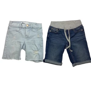 Girls Bermuda Shorts Size 8 Stretch Blue Jean Denim Cuffed Raw Hem Elastic Waist - Picture 1 of 10
