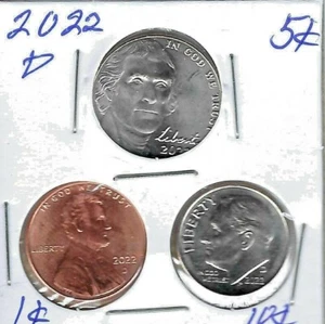 ¡Tres monedas brillantes de centavo, níquel y centavo sin circular de Denver 2022! - Imagen 1 de 2