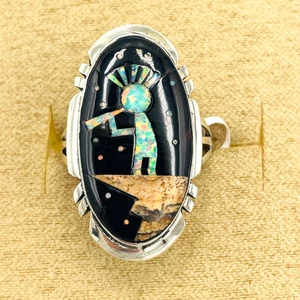 Anillo de plata esterlina Kokopelli flautista laboratorio ópalo/jet firmado S. 10 suroeste - Imagen 1 de 11