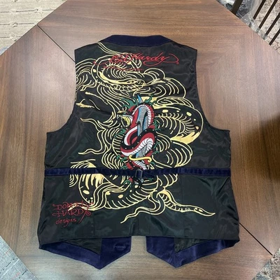 复古 Ed Hardy 男式紫色天鹅绒背心头骨和匕首龙纹身 Y2K 水钻 — 第 1/4 张图片
