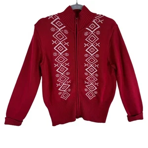 Nine & Company 100% Cotton Red White Full Zip Mock Neck Sweater Size M - Picture 1 of 6