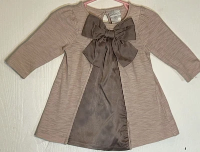 Savannah Baby Girl 6M Dress Long Sleeve Champagne/Brown Bow Front Panel Button - Image 1 of 4