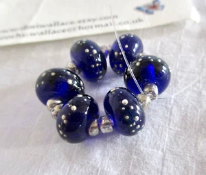 6 glass lamp work donut beads & silver spacers, cobalt blue with silver dots - Picture 1 of 8