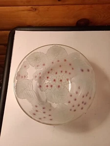Vtg Indonesia glass Bowl 10" Flowers Leafs Green Purple Pink Color Frosted - Picture 1 of 10