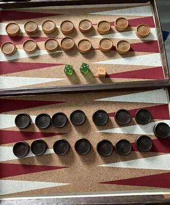 Drueke Blue Chip Game Co. Backgammon vintage wood pieces cork board folding case - Image 1 of 4