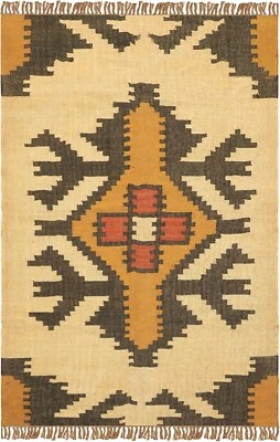 Natural Wool Jute Rug 8x11 Kilim Rug - Eco-Friendly Large Area Rug Beige Black - Image 1 of 4