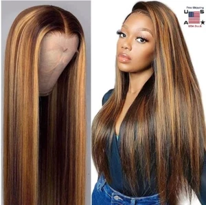 Highlight Wig Straight Brazilian Human Hair Full Wigs Ombre Brown Honey Blonde - Picture 1 of 12
