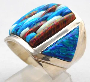 Opal Brilliant Quad-Hued Fire Flashing Solid Sterling Silver Huge Mens Ring 10 - Picture 1 of 8