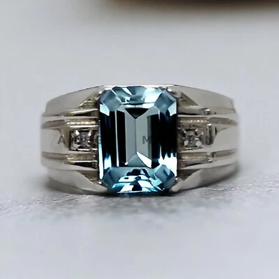 Piedras preciosas de aguamarina natural con anillo de novio de plata de ley 925 para hombre #AL178 Foto 1 de 4