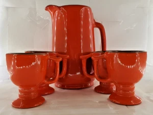 Vintage Frankoma Flame Red Orange Brown 9.5” Tall Pitcher 4 Pedestal Cups - Picture 1 of 24