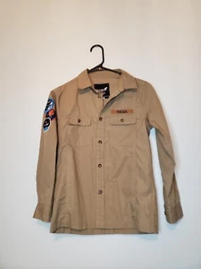 Buzz Aldrin Boy's Sz M Shirt Long Sleeve Button Front NASA Patches Tan Pockets - Picture 1 of 6