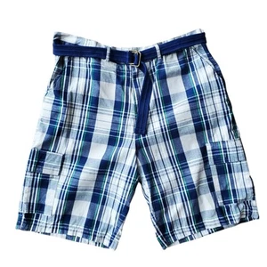 REVOLUTION Men's Size 40 Blue White Green Plaid 100% Cotton Cargo Pocket Shorts - Picture 1 of 10