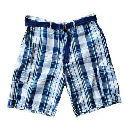 REVOLUTION Men's Size 40 Blue White Green Plaid 100% Cotton Cargo Pocket Shorts  - Image 1 of 4