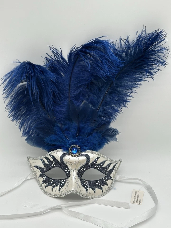 Blue & Silver Venetian Masquerade Mask With Blue Feathers  - Image 1 of 4