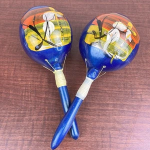 Authentic MEXICO MARACAS Hand Painted Gourd Music Shakers Blue Vintage - Bild 1 von 9