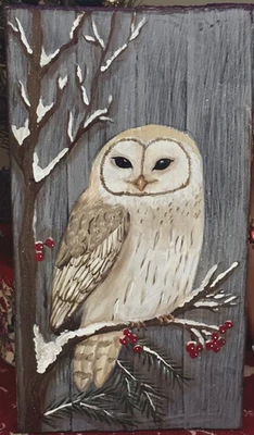 *~* HAND PAINTED SNOW OWL *~* PINE *~* BERRIES *~* WINTER *~* RECLAIMED WOOD - Image 1 of 2