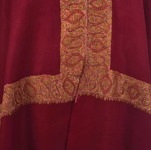 WINE RED Hand Embroidered Paisley Border Kashmiri Shawl 100% Cashmere Pashmina - Picture 1 of 7