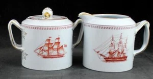 Spode Trade Winds Red Group of Creamer and Sugar Bowl w/ Lid Gold Trim W128 - Picture 1 of 7