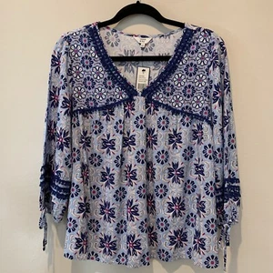 Blusa Campesina Crown & Ivy Top Mangas 3/4 Cuello en V Estampado Floral Azul Talla S Nueva con Etiquetas - Imagen 1 de 8