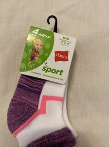 Ankle Socks Girls Shoe Size 10.5-4 Hanes Sport 4-Pair - Picture 1 of 17