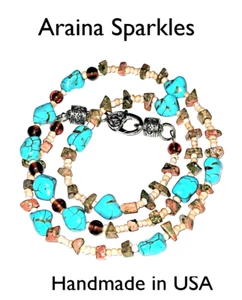 Riverstone & Treated Turquoise Nugget Necklace 28 Inches Long - Picture 1 of 2