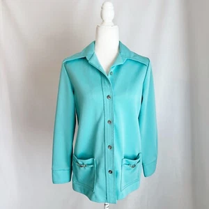 Vintage 70s JCPenney Fashions Aqua Teal Blue Button Up Blouse Blazer 14 Medium - Picture 1 of 15