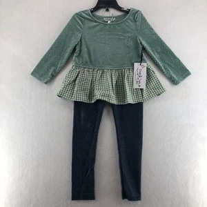 Pippa & Julie Top & Leggings Set Girls Size 5 Sage/Ivory Velour Check Peplum - Picture 1 of 12