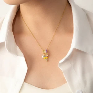 Women Necklace Heart Ornamental Stone 304 Stainless Steel Plating Pendant Chain - Picture 1 of 10