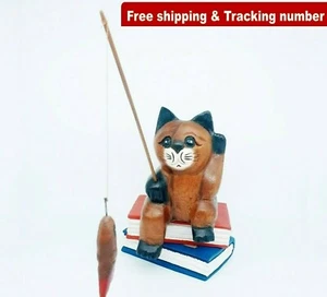 Vintage Gift Fishing Cat Hand Carved Wooden Statue Figurine Wood Home Decor New - Picture 1 of 12