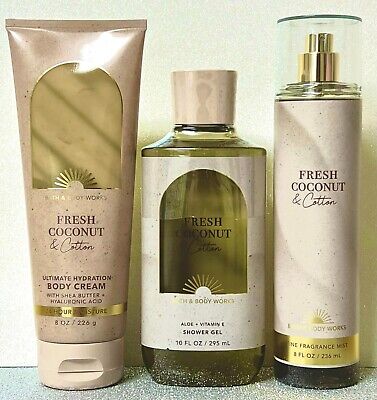 Bath And Body Works Fresh Coconut & Cotton Full Size Trio Mist Cream, Shower Gel • 37.65€