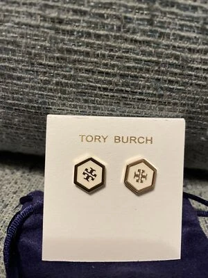 Pendientes blancos esmaltados con logotipo hexagonal colección Tory Burch nuevos con etiquetas Foto 1 de 4