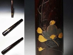 Pipecase Netsuke Inro Sagemono Meiji Diseño de Camelia Antiguo Japonés Maki-e - Imagen 1 de 7