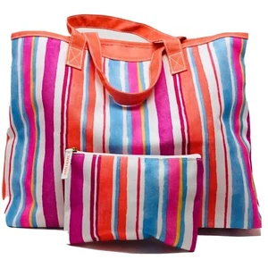 New 2 Piece Set Tote and Small Zip Bag Shopper Carryall Rainbow Stripes - Picture 1 of 11