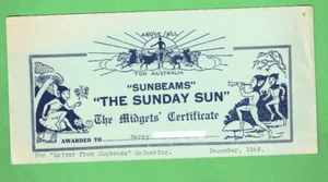 #D136. 1949 SUNDAY SUN CHILDREN'S SUNBEAMS MIDGETS' CERTIFICATE CARD - Picture 1 of 2