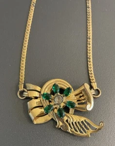 HARRY ISKIN 1/20 12k gold filled Green Rhinestone Gold Necklace 1940s Vintage - Picture 1 of 8