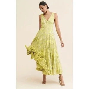 Nuevo Maxi Vestido Anthropologie LET ME BE Floral Jacquard Citrón En Niveles Metálico M - Imagen 1 de 10