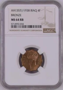 IRAQ/IRAK  , 4 FILS 1938 KING GHAZI I - NGC MS 64 RB , RAREP - Picture 1 of 2