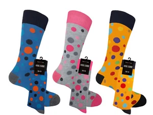 3PK NOVELTY SOCKS POLKA DOT YELLOW PINK BLUE COTTON DRESS SOCKS MULTICOLOR - Picture 1 of 8