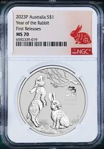 2023 Australia 9999 Bullion Silver Lunar Year of the RABBIT NGC MS70 1oz $1 Coin - Picture 1 of 2