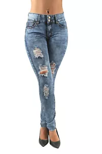 Women Plus/Junior Size Butt Lifting Destroyed Ripped Denim Skinny Jeans - Picture 1 of 7