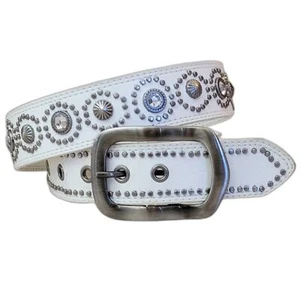 Vintage White Leather Studded Embellished Belt Grommets Cowgirl Size Large NEW - Picture 1 of 12