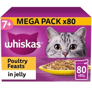 Whiskas 7+ Mixed Poultry Feasts Senior Wet Pet Cat Food Pouches in Jelly-80x85g - Picture 1 of 9