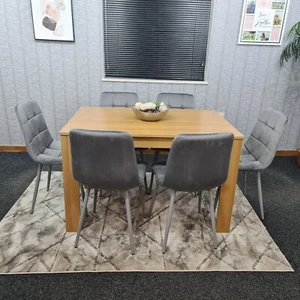 Dining Table Set Of 6 Oak Kitchen Dining Table and 6 Grey Tufted Velvet Chairs - Picture 1 of 16