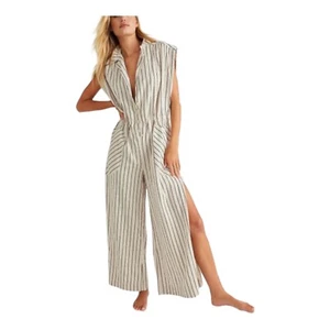 Free People Pin stripe Jumpsuit Size S collared Beach Town Ivory leg slits - Picture 1 of 13