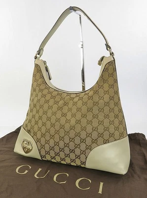 Auth GUCCI Brown GG Canvas and Leather Lovely Heart Hobo Tote Bag Purse #62189 - Image 1 of 4