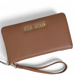 Steve Madden Large Zip Around Continental Wallet Brown Wrist Strap Travel Cutch - Picture 1 of 11