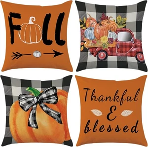 Fall Pillow Covers 18x18 Set of 4 18 x 18 (Pack 4), Orange Black Plaid - Picture 1 of 9