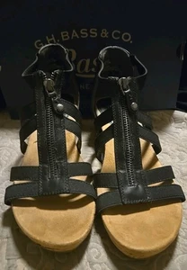 GH Bass & Co. Liza Black Ladies Cork Wedge Sandals Size 7.5M Per-Loved - Picture 1 of 12